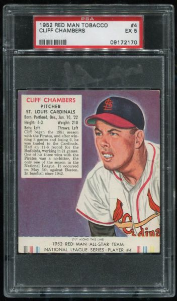 1952 Red Man Tobacco #4 Cliff Chambers PSA 5
