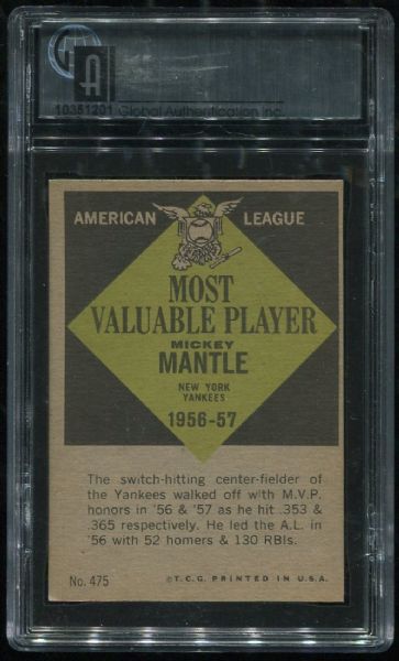 1961 Topps #475 Mickey Mantle MVP GAI 8