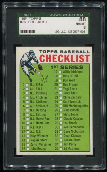 1964 Topps #76 Checklist First Series SGC 88