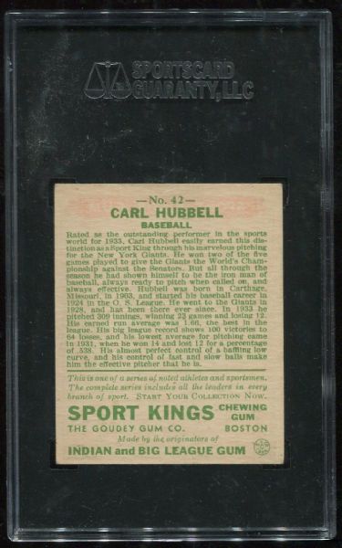 1933 Sport Kings Gum #42 Carl Hubbell SGC 60