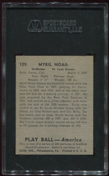 1939 Playball #109 Myril Hoag SGC 70
