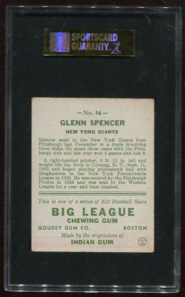 1933 Goudey #84 Glenn Spencer SGC 70