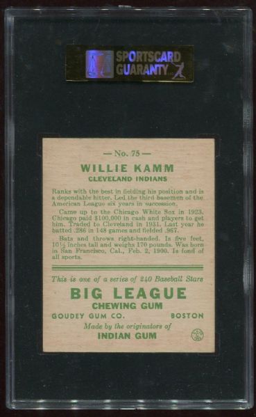 1933 Goudey #75 Willie Kamm SGC 80