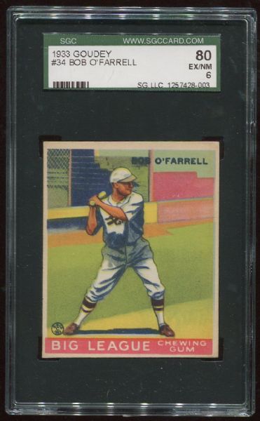 1933 Goudey #34 Bob O'Farrell SGC 80