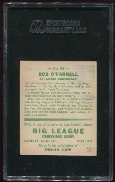 1933 Goudey #34 Bob O'Farrell SGC 80