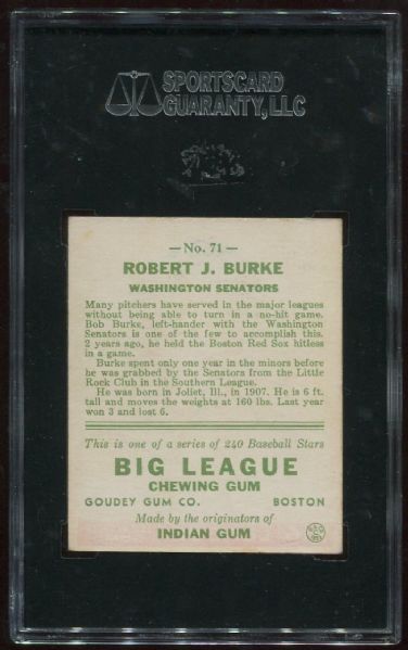1933 Goudey #71 Robert J. Burke SGC 84