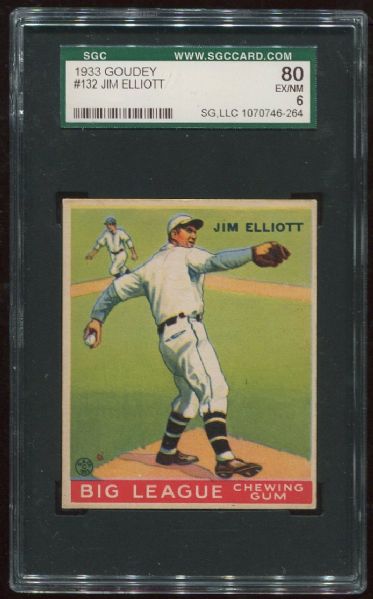 1933 Goudey #132 Jim Elliott SGC 80