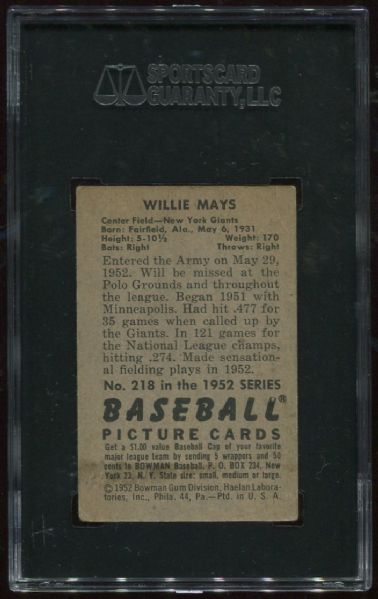 1952 Bowman #218 Willie Mays SGC 40