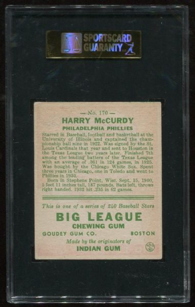 1933 Goudey #170 Harry McCurdy SGC 60