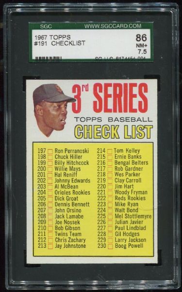 1967 Topps #191 Checklist - Willie  Mays SGC 86