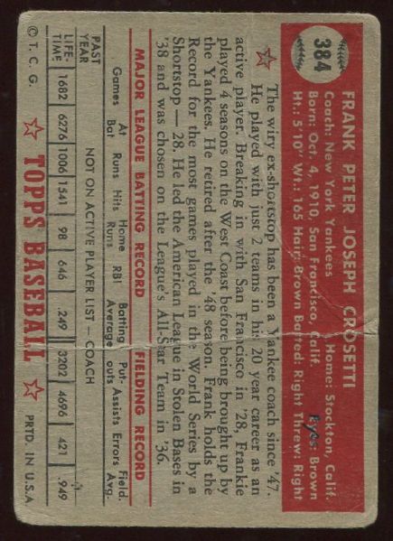 1952 Topps #384 Frank Crosetti High Number - Autographed