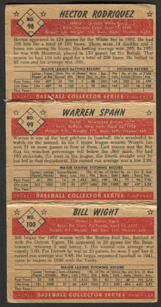 1953 Bowman Color 3 Card Uncut Strip with Warren Spahn