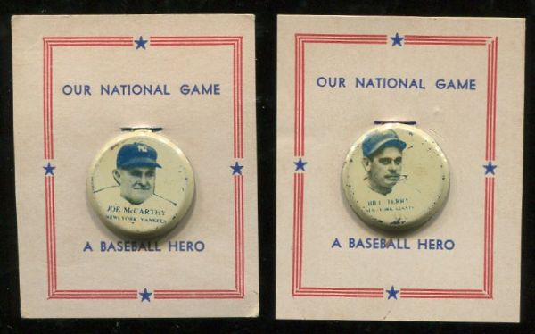1938 Our National Game Pins PM3 Lot of 2 w/ Bill Terry & Joe McCarthy