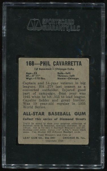 1948 Leaf Gum Co. #168 Phil Cavaretta Short Print SGC 20