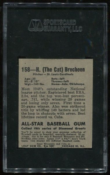 1948 Leaf Gum Co. #158 Harry Brecheen Rookie Short Print SGC 50