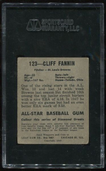 1948 Leaf Gum Co. #123 Cliff Fannin Short Print SGC 40