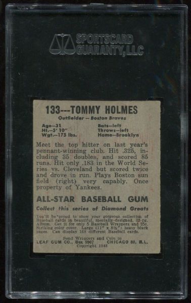 1948 Leaf Gum Co. #133 Tommy Holmes Short Print SGC 40