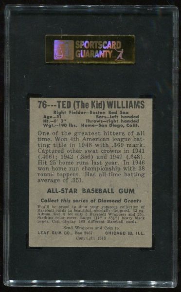 1948-49 Leaf Gum Co. #76 Ted Williams SGC 84