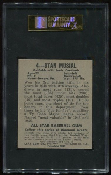 1948-49 Leaf Gum Co. #4 Stan Musial Rookie SGC 84