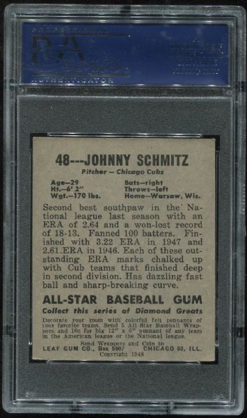 1948 Leaf Gum Co. #48 Johnny Schmitz Short Print PSA 4