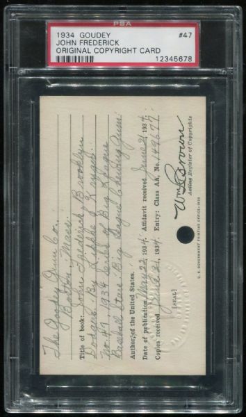 1934 Goudey #47 John Frederick Copyright Card PSA Authentic