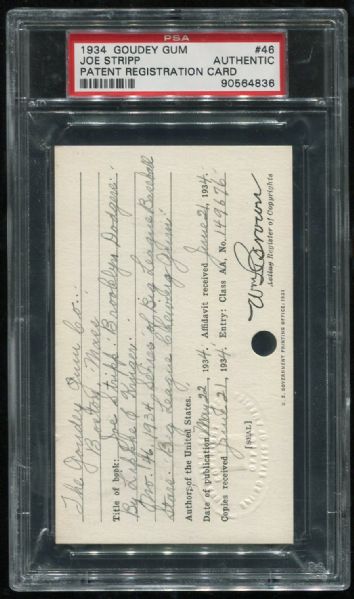 1934 Goudey #46 Joe Stripp Copyright Card PSA Authentic