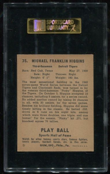 1941 Playball #35 Pinky Higgins SGC 88