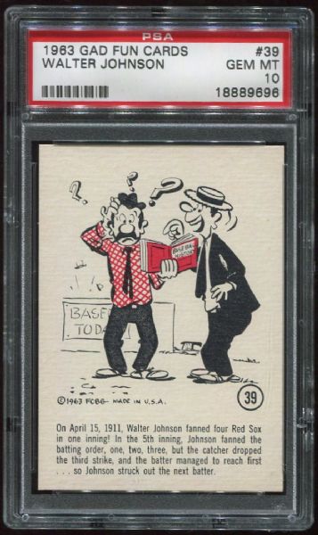 1963 Gad Fun Cards #39 Walter Johnson PSA 10