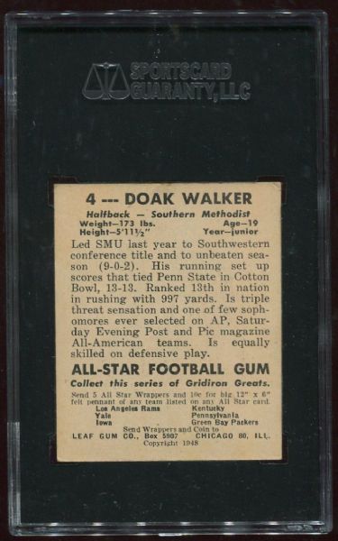 1948 Leaf Gum Co. #4 Doak Walker Rookie SGC 60
