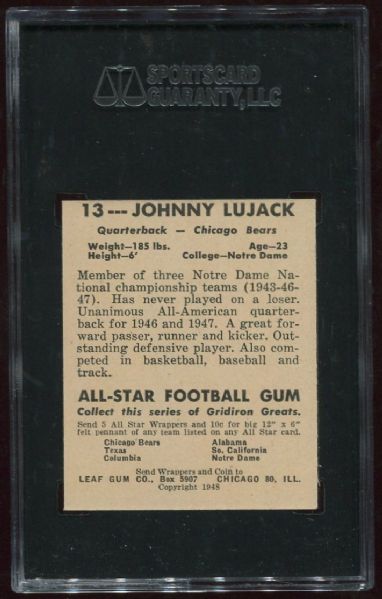 1948 Leaf Gum Co. #13 Johnny Lujack Rookie SGC 84