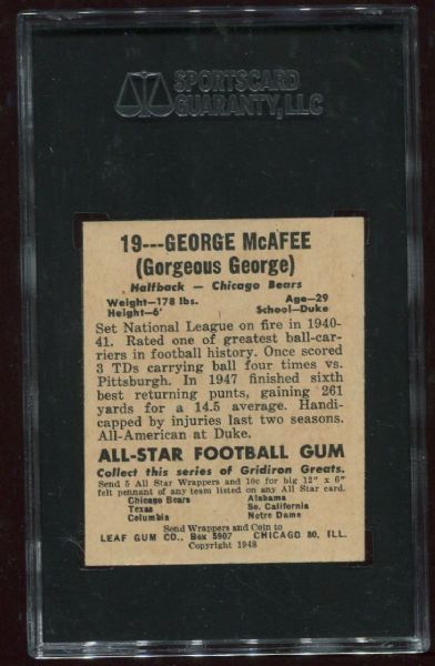 1948 Leaf Gum Co. #19 George McAfee Rookie SGC 80