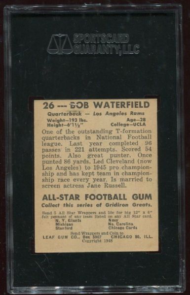 1948 Leaf Gum Co. #26 Bob Waterfield Rookie SGC 80