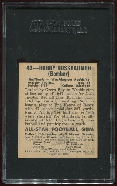 1948 Leaf Gum Co. #43 Bobby Nussbaumer SGC 84