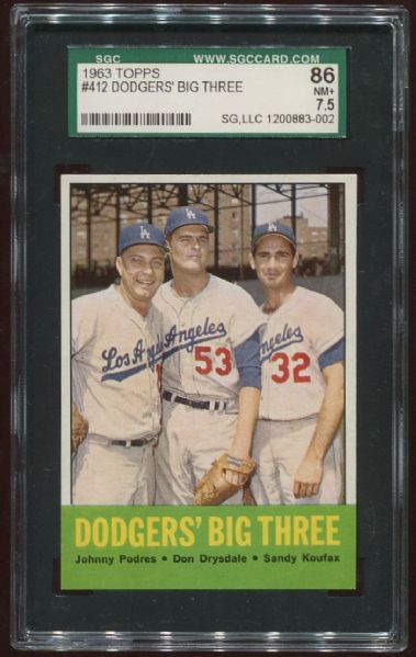 1963 Topps #412 Dodgers' Big Three SGC 86