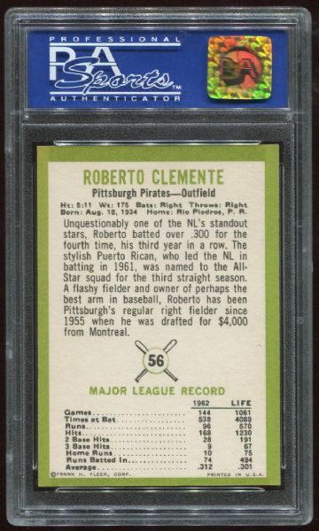 1963 Fleer #56 Roberto Clemente PSA 8