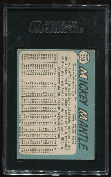 1965 Topps #350 Mickey Mantle SGC 40