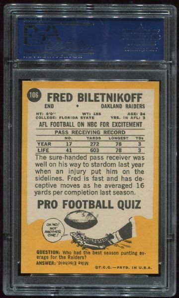 1967 Topps #106 Fred Biletnikoff PSA 9