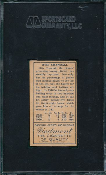 1911 T205 Crandall, T Not Crossed, Piedmont Cigarettes SGC 50
