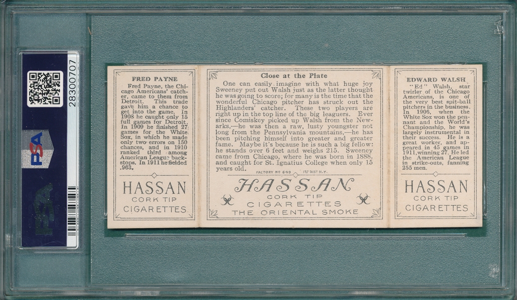 1912 T202 Close At The Plate, Walsh/Payne, Hassan Cigarettes, PSA 7 *Only 3 Graded Higher*