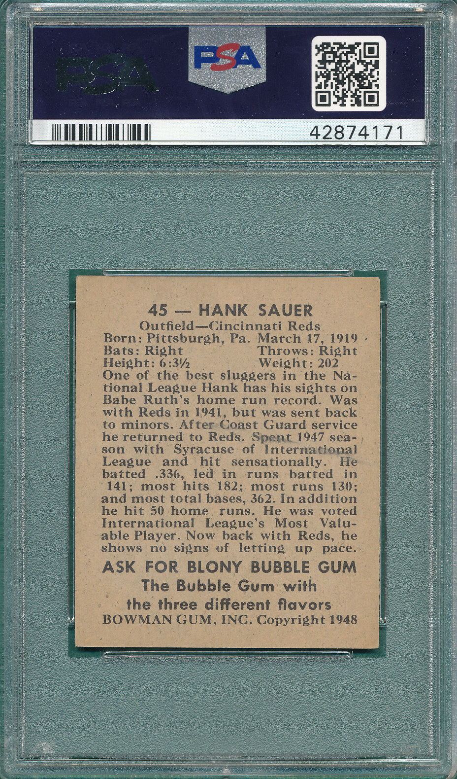 Lot Detail - 1948 Bowman #45 Hank Sauer PSA 7