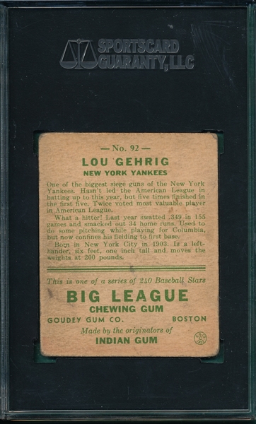 1933 Goudey #92 Lou Gehrig SGC 35