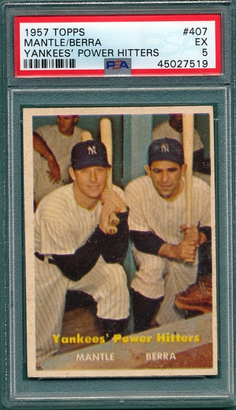 1957 Topps #407 Yankees Power Hitters W/ Berra & Mantle PSA 5