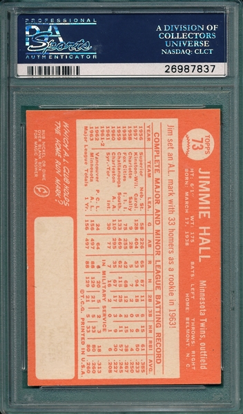 1964 Topps #73 Jimmie Hall PSA 9 *Trophy Rookie* *MINT*