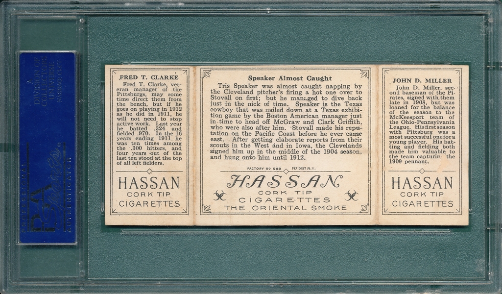 1912 T202 Speaker Almost Caught Miller/Clarke, Hassan Cigarettes PSA 5