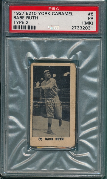 1927 E210-2 #6 Babe Ruth, Pitching, York Caramel Co. PSA 1 (MK)