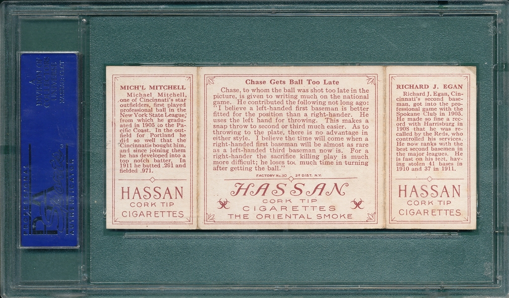 1912 T202 Chase Gets The Ball Too Late, Egan/Mitchell, Hassan Cigarettes PSA 6