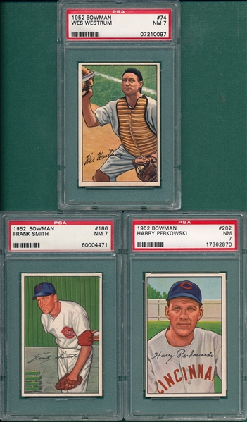 1952 Bowman #74 Westrum, #186 Smith & #202 Perkowski, Lot of (3) PSA 7