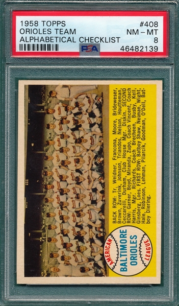 1958 Topps #408 Orioles Team PSA 8 *Alphabetical*