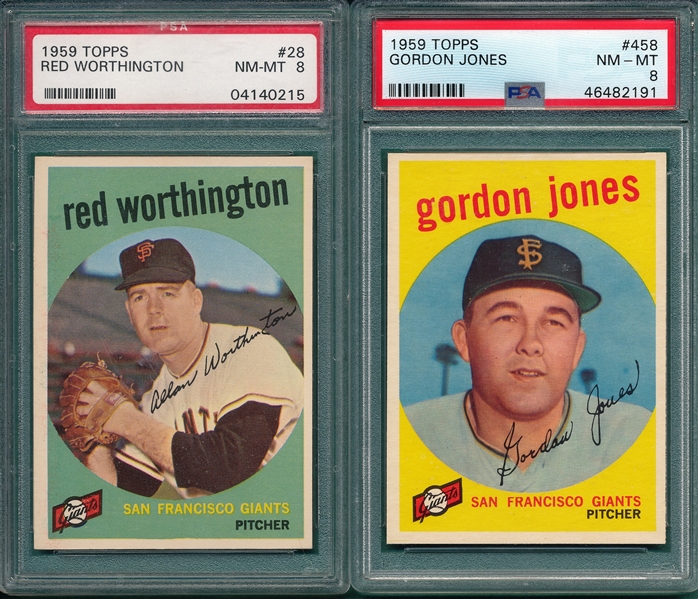 1959 Topps #28 Red Worthington & #458 Gordon Jones, Lot of (2), PSA 8