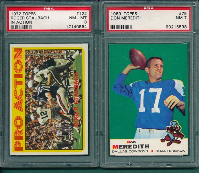 1969 Topps FB #75 Meredith & 1972 #122 Roger Staubach, Pro Action, PSA 8, Lot of (2)